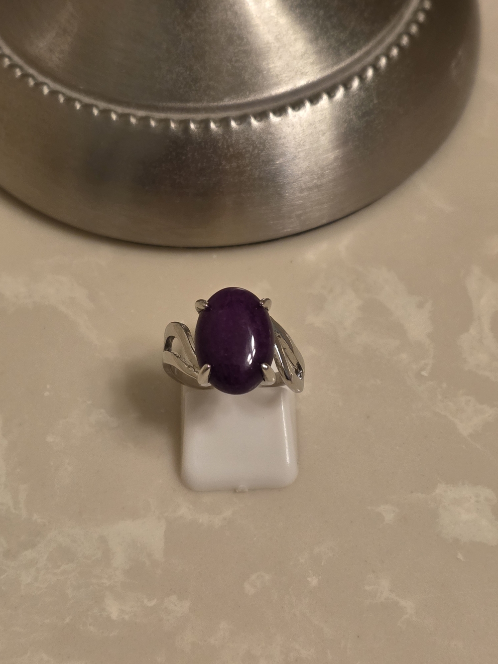 Silver and Oval Cut Purple Stone Ring Size 6